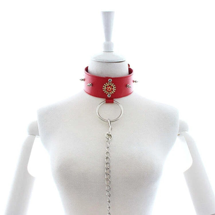 Red Vegan Leather Spike Choker Collar with Gem Gear Charm & Leash Chain