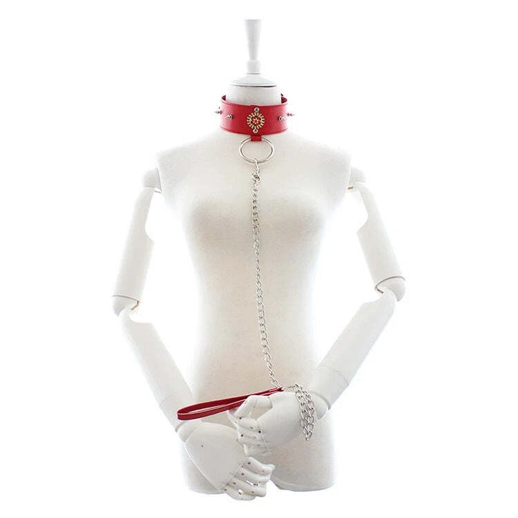 Red Vegan Leather Spike Choker Collar with Gem Gear Charm & Leash Chain