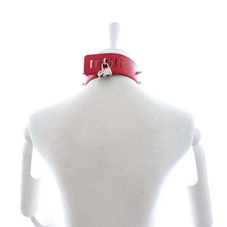 Red Vegan Leather Spike Choker Collar with Gem Gear Charm & Leash Chain