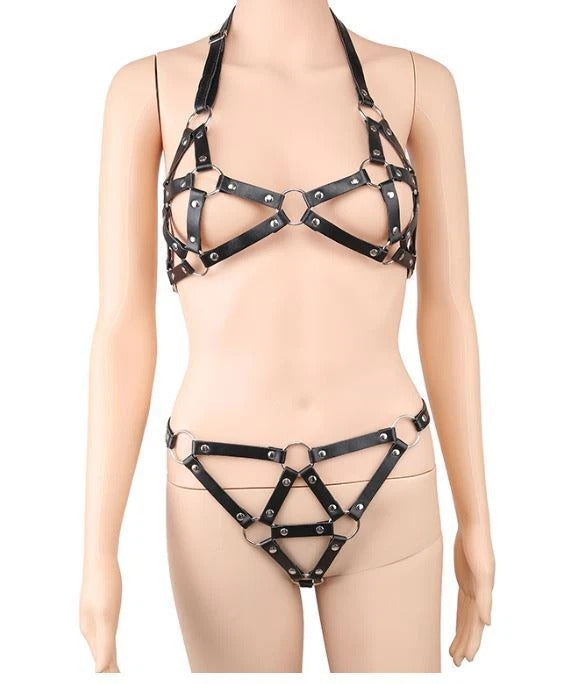 Open Cup Breast Detail Lingerie Set - Studded PU Leather Fetish Underwear Kinky