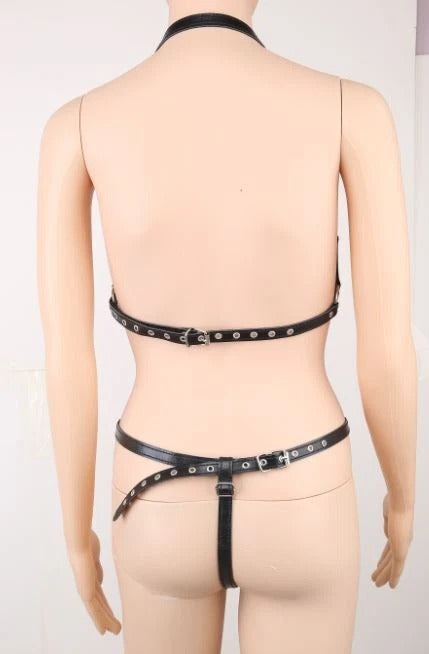 Open Cup Breast Detail Lingerie Set - Studded PU Leather Fetish Underwear Kinky
