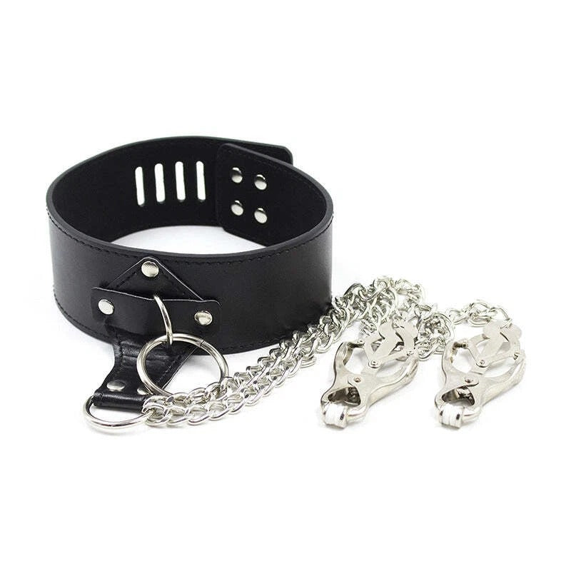 Bold Leather Collar with Chain-Link Nipple Clamps – Sensory Craft
