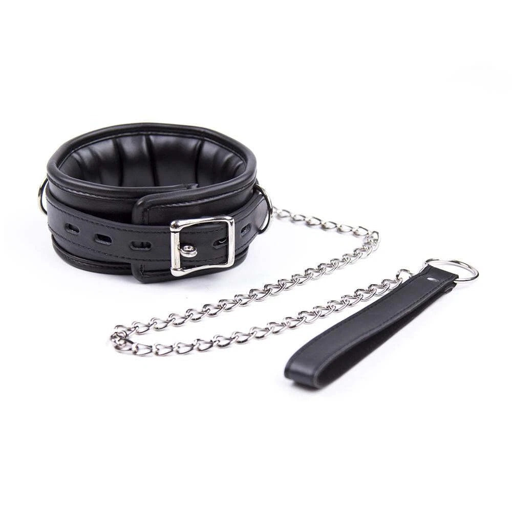 Padded Leather Collar with Chain Leash – Adjustable Buckle Choker Set