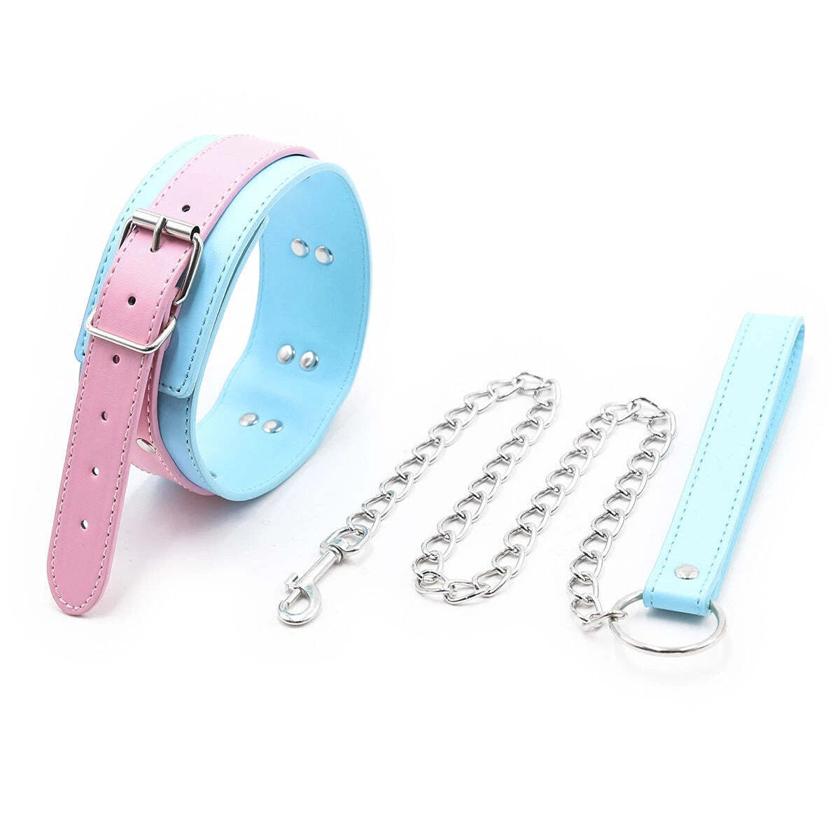 Pink & Blue Two-Tone Leather Collar with Chain Leash Set | Sensory Craft