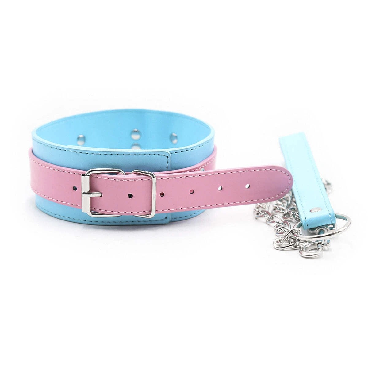 Pink & Blue Two-Tone Leather Collar with Chain Leash Set | Sensory Craft