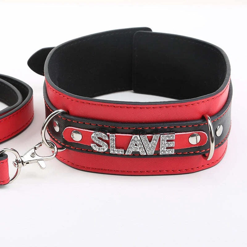 Red & Black Leather Collar with Rhinestone Lettering & Leash Set