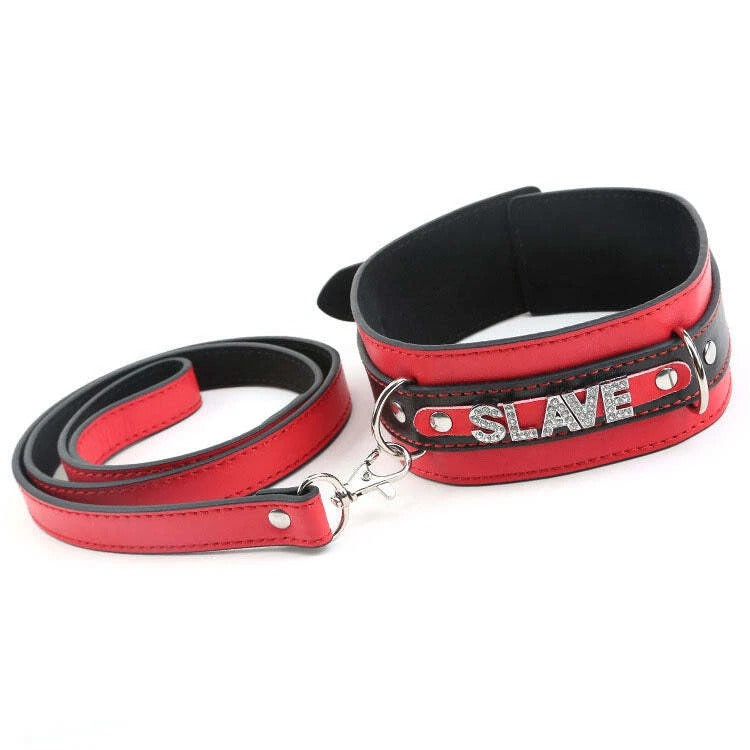 Red & Black Leather Collar with Rhinestone Lettering & Leash Set