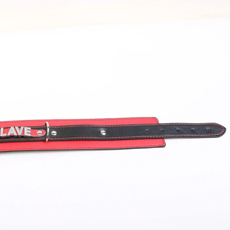 Red & Black Leather Collar with Rhinestone Lettering & Leash Set