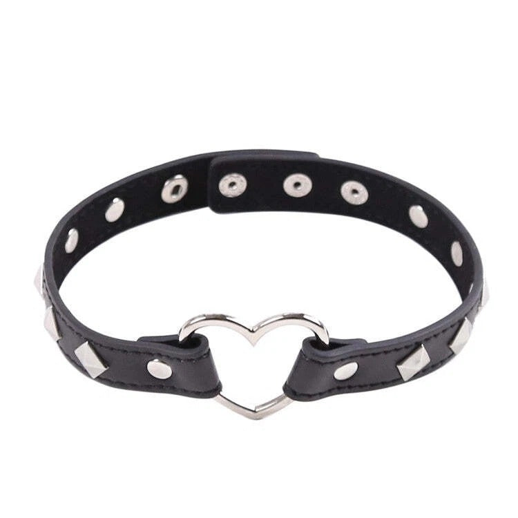 Black Leather Heart Ring Choker – Studded Punk Choker Necklace | Sensory Craft