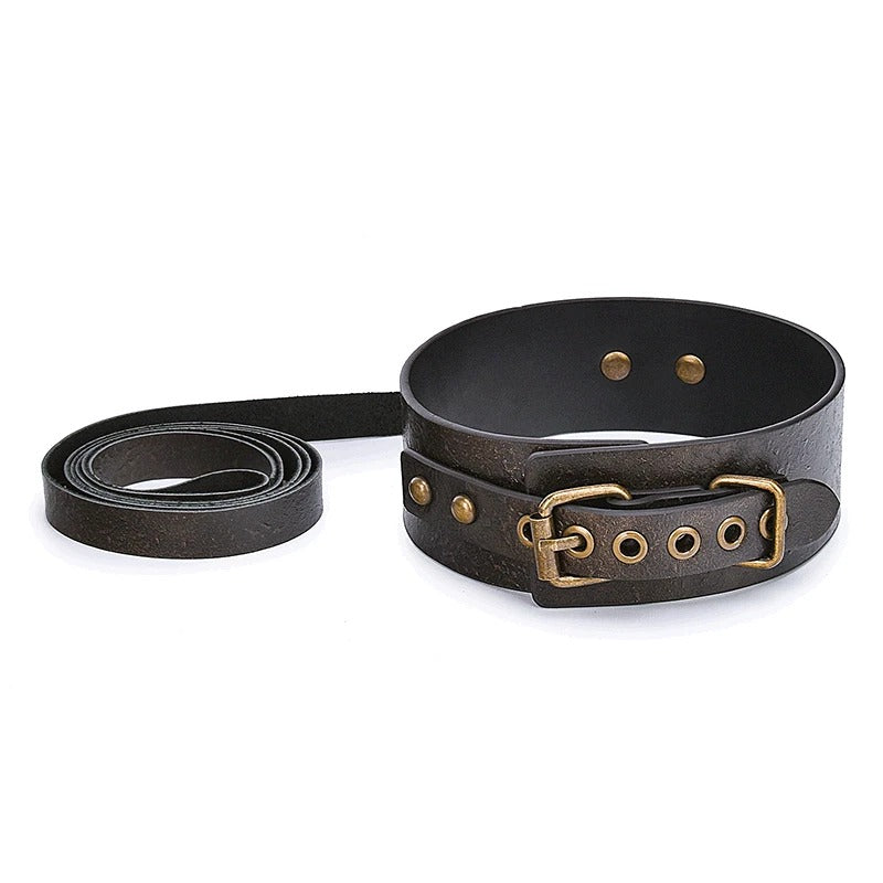 Vintage Bronze Leather Collar with Long Leash – Antique Brass Hardware Set
