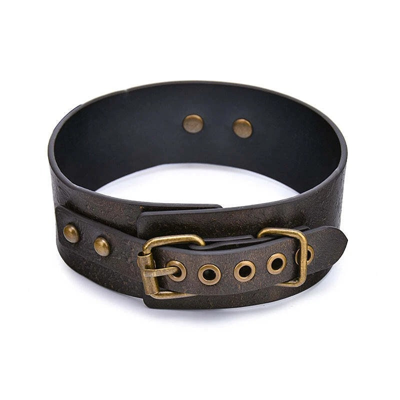 Vintage Bronze Leather Collar with Long Leash – Antique Brass Hardware Set