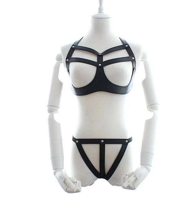 Vegan Leather Cage Bra & Panty Harness Set – Two-Piece Lingerie