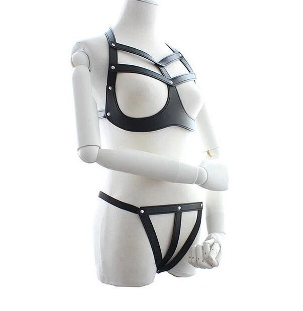 Vegan Leather Cage Bra & Panty Harness Set – Two-Piece Lingerie