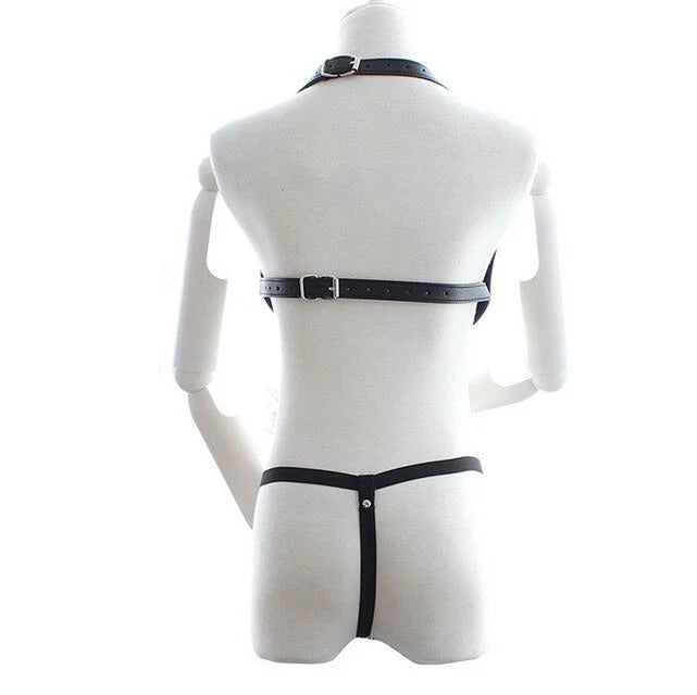 Vegan Leather Cage Bra & Panty Harness Set – Two-Piece Lingerie