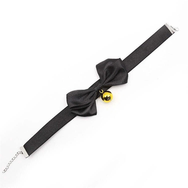 Sexy Satin Cosplay Collar with Bow & Bell-Costume Roleplay Animal Collar-Black