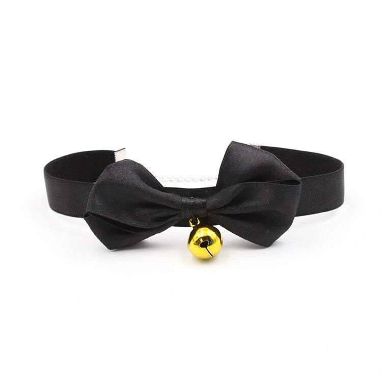 Sexy Satin Cosplay Collar with Bow & Bell-Costume Roleplay Animal Collar-Black
