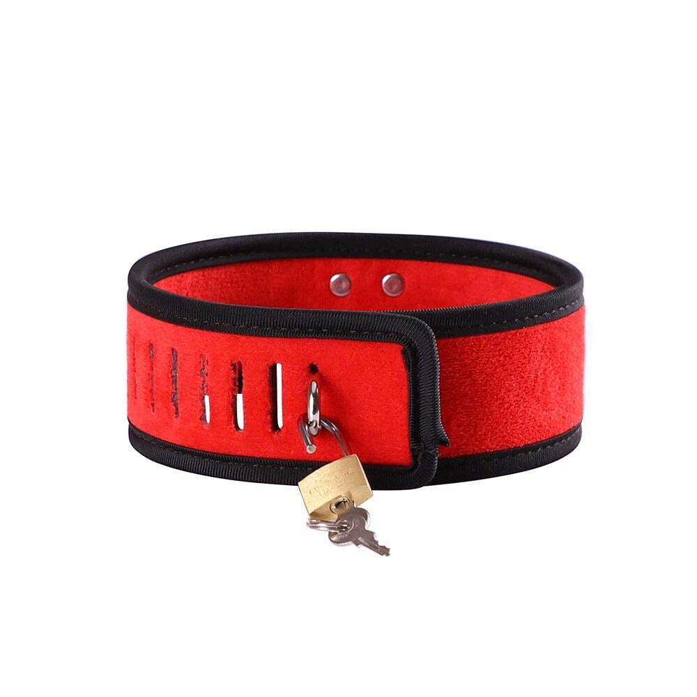 Red Velvet Locking Collar with Brass Padlock & Keys – Black Trim Choker