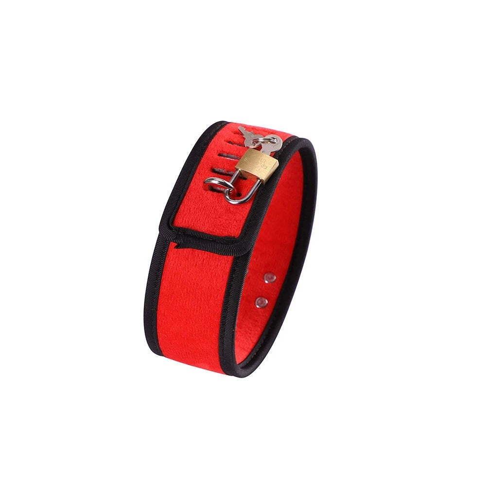 Red Velvet Locking Collar with Brass Padlock & Keys – Black Trim Choker