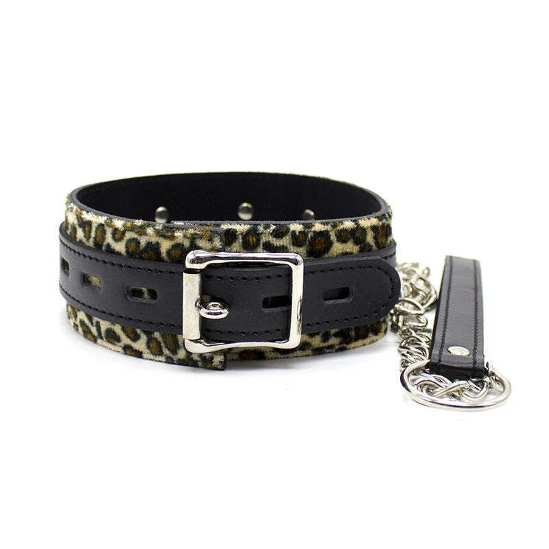 Leopard Print Bondage Collar & Lead - Fantasy Animal Print Cosplay Collar Kit
