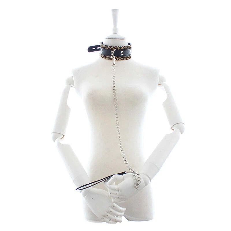 Leopard Print Bondage Collar & Lead - Fantasy Animal Print Cosplay Collar Kit