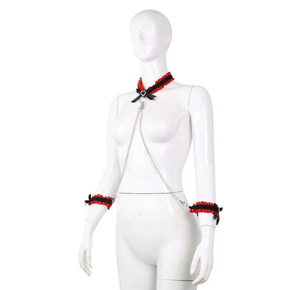 Garter Style Collar Cuffs Black & Red With Connecting Chains Kinky Couples Gift