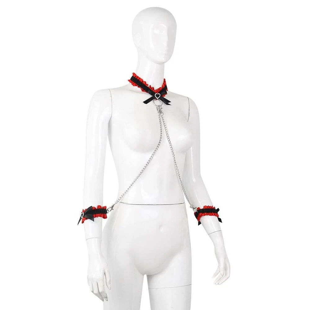 Garter Style Collar Cuffs Black & Red With Connecting Chains Kinky Couples Gift