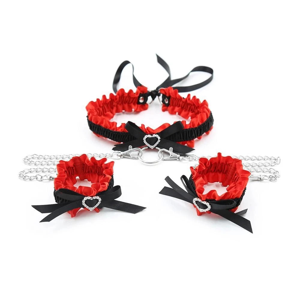 Garter Style Collar Cuffs Black & Red With Connecting Chains Kinky Couples Gift