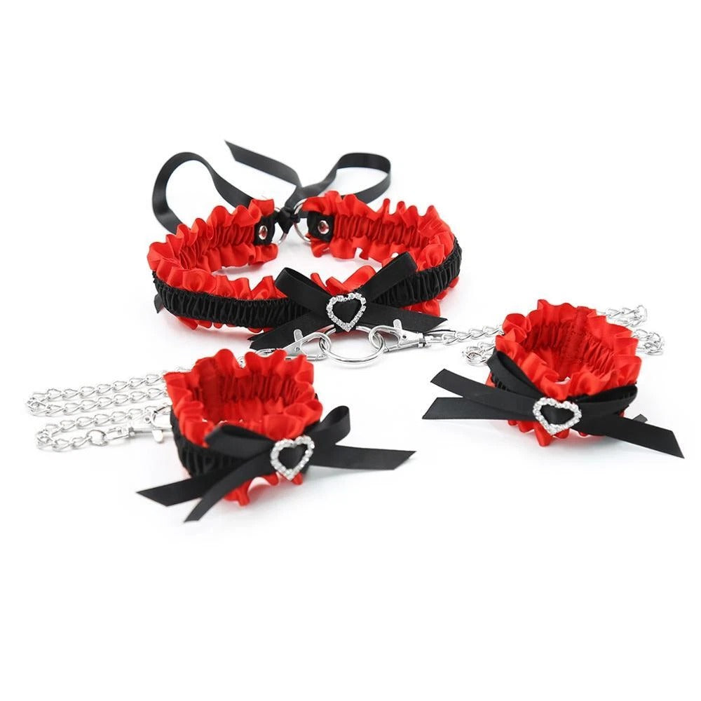 Garter Style Collar Cuffs Black & Red With Connecting Chains Kinky Couples Gift