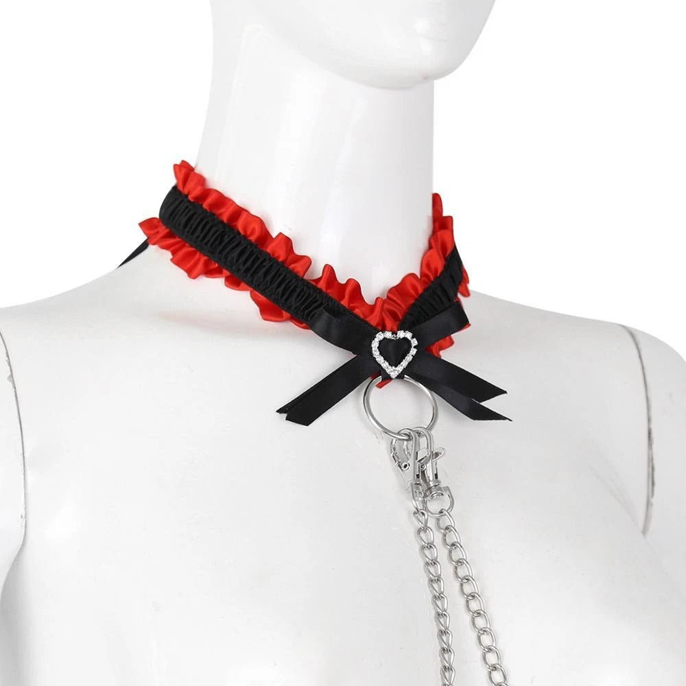 Garter Style Collar Cuffs Black & Red With Connecting Chains Kinky Couples Gift