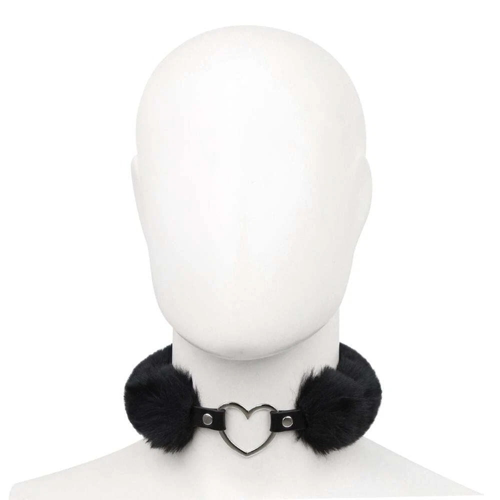 Fluffy Collar Heart Detail Black VF Leather Costume Cosplay Collar Unisex