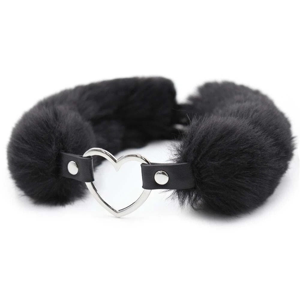 Fluffy Collar Heart Detail Black VF Leather Costume Cosplay Collar Unisex