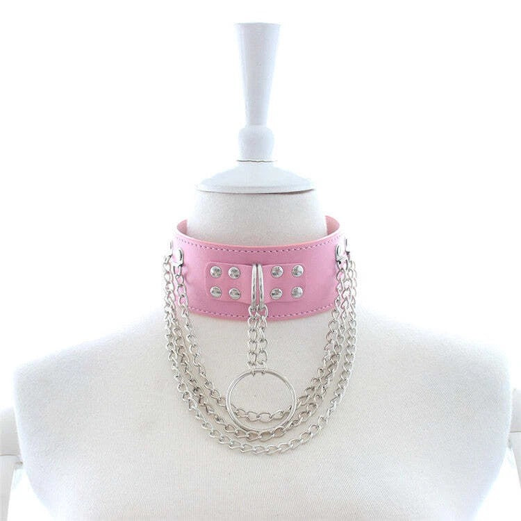 Pink Chained Bondage Collar 3 Metal Chains - Pretty Pink Restraint Collar