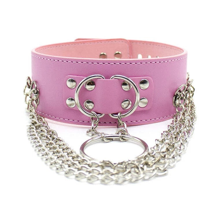 Pink Chained Bondage Collar 3 Metal Chains - Pretty Pink Restraint Collar