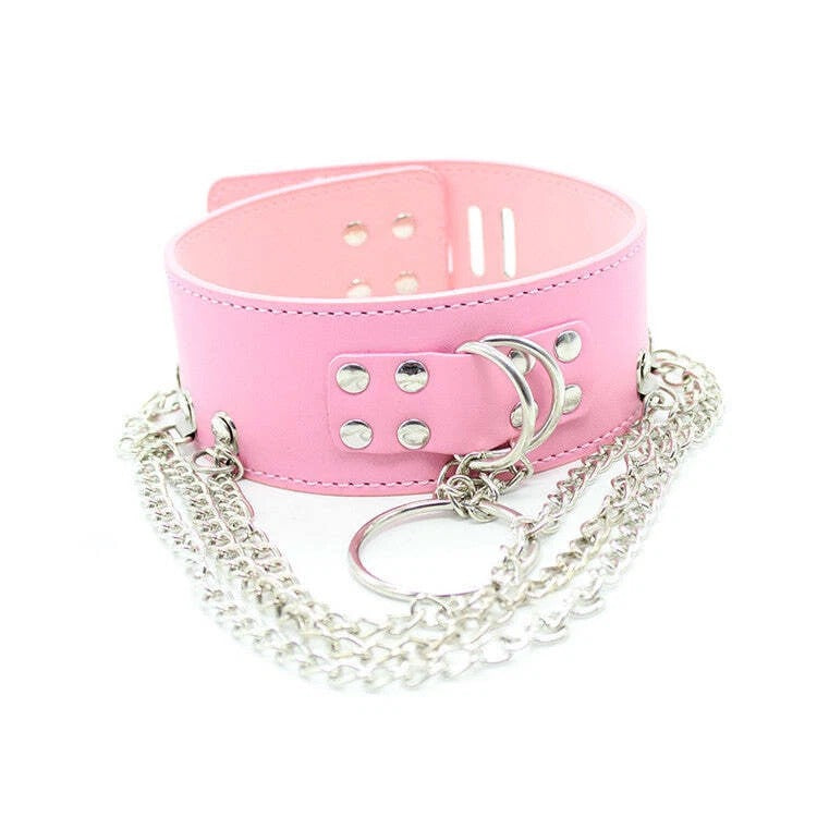 Pink Chained Bondage Collar 3 Metal Chains - Pretty Pink Restraint Collar