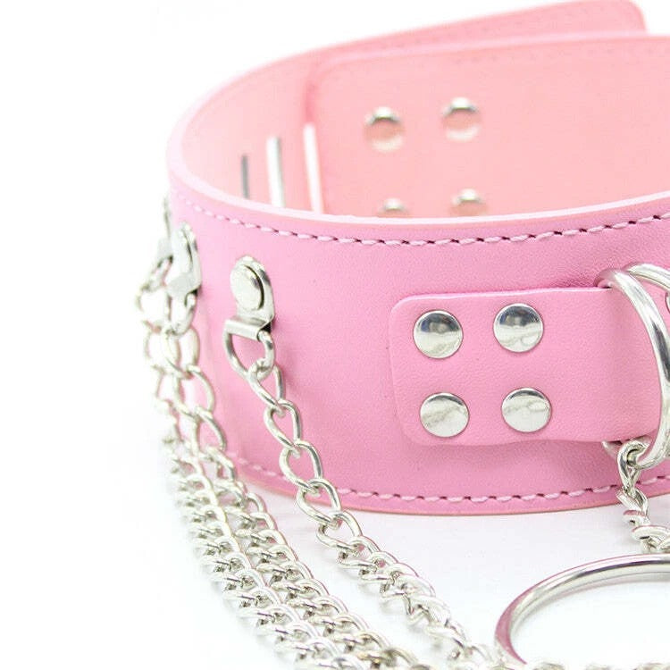 Pink Chained Bondage Collar 3 Metal Chains - Pretty Pink Restraint Collar