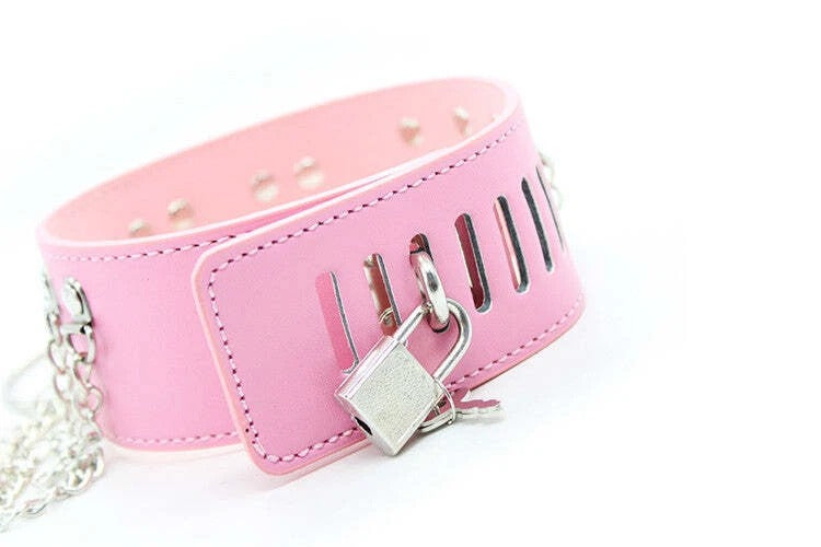 Pink Chained Bondage Collar 3 Metal Chains - Pretty Pink Restraint Collar