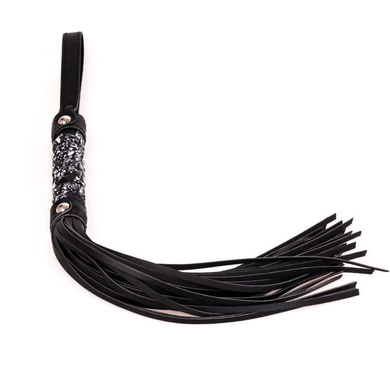 Sensory Craft Black Glitter Handle PU Leather Flogger | Premium Faux Leather Tassel Whip